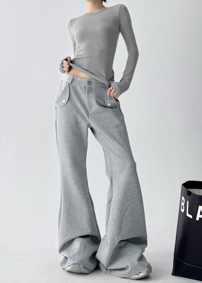Boho Grey Oversized Cotton Bell-bottom Trousers Fall