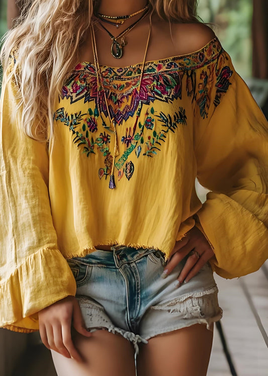 Bohemian Yellow Slash Neck Print Cotton T Shirts Spring