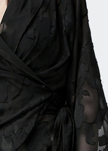 Slim Fit Black V Neck Lace Up Chiffon Blouse Fall