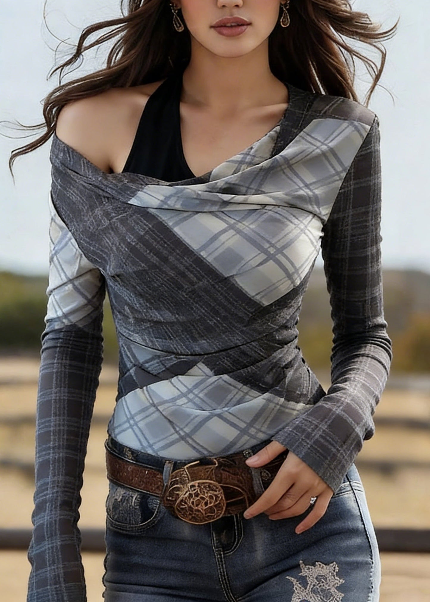 Sexy Plaid Asymmetrical Cold Shoulder Chiffon Top Spring