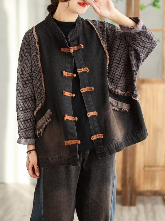 Women Spring Casual Patchwork Frog Burrs Denim Coat