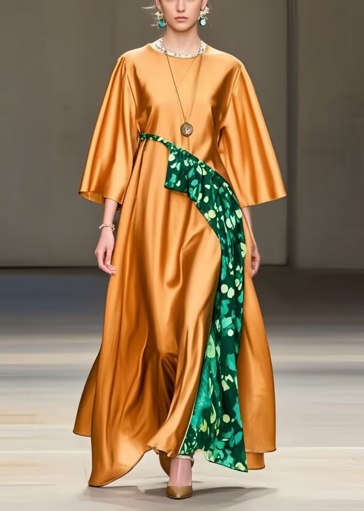 Boho Orange Oversized Print Silk Maxi Dresses Spring