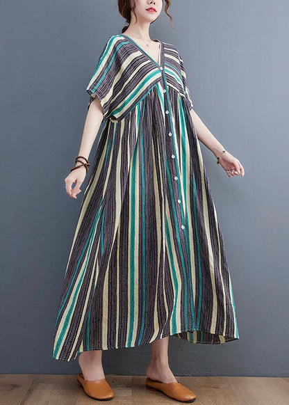 Fashion Orange Striped V Neck Patchwork Holiday Cotton Linen Dress