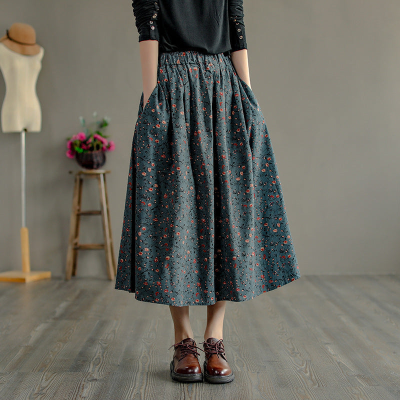 Retro Literary Floral Mid-Length Skirt