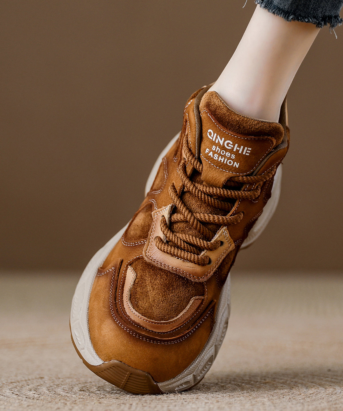 Brown Comfy Women Lace Up Splicing Platform Flats