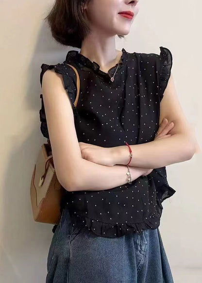 Beautiful Black Dot Print Ruffled Chiffon Vests Sleeveless
