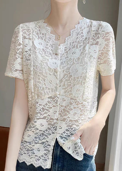 Art Beige V Neck Side Open Lace Shirts Summer