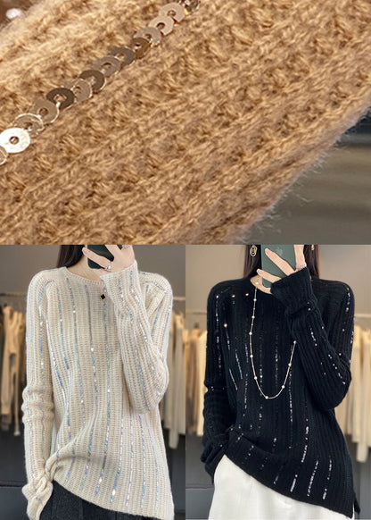 Women Black Sequins Solid Patchwork Knit Short Sweater
