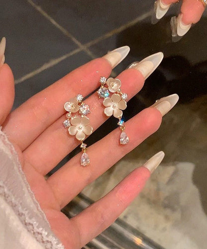 Beautiful White Alloy Zircon Floral Tassel Drop Earrings