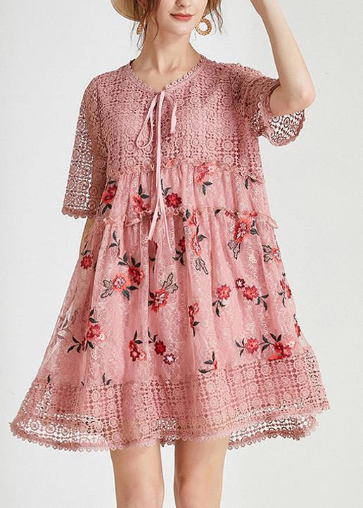 Women Black Embroidery Lace Bow Summer Dress