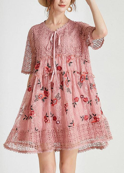 Women Black Embroidery Lace Bow Summer Dress