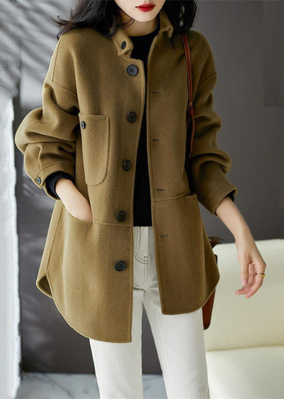 Loose Earthy Yellow  Button Pockets Patchwork Woolen Coats Fall