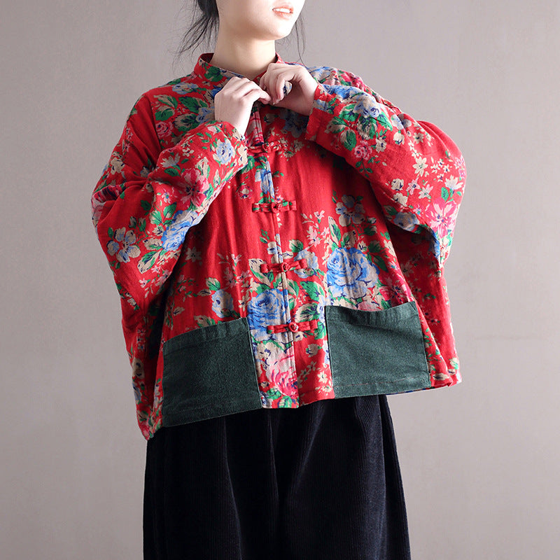 Vintage Blouse Stand Collar Large Flower Long-Sleeved Jacket