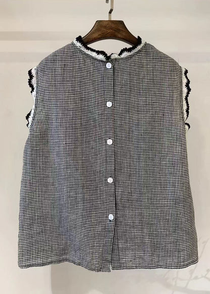 Women Back Button Down Patchwork Lace Linen Tops Sleeveless