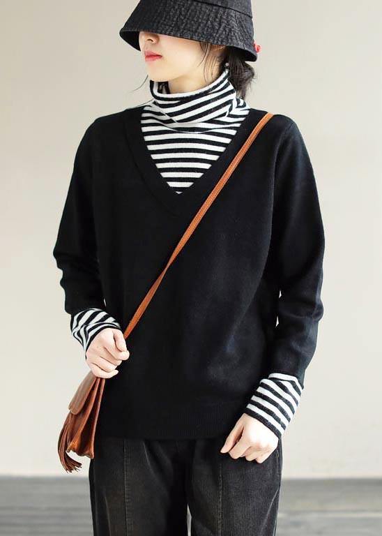 Winter  Black Sweaters Loose fitting Patchwork High Neck Knit Tops