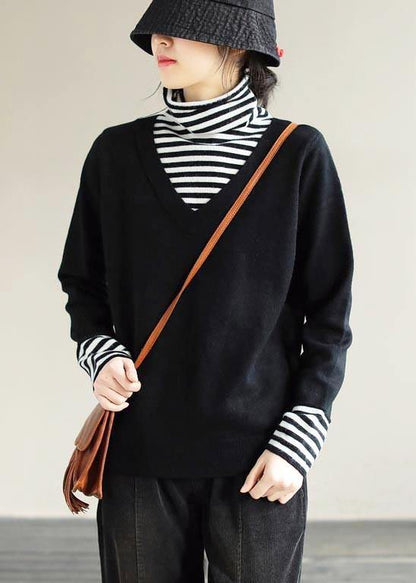 Winter  Black Sweaters Loose fitting Patchwork High Neck Knit Tops