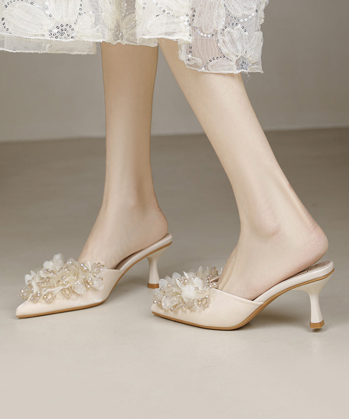 2025 New French Apricot Satin Zircon High Heels Slide Sandals