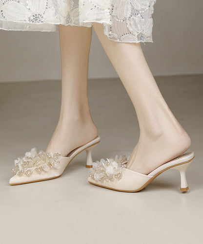 2025 New French Apricot Satin Zircon High Heels Slide Sandals
