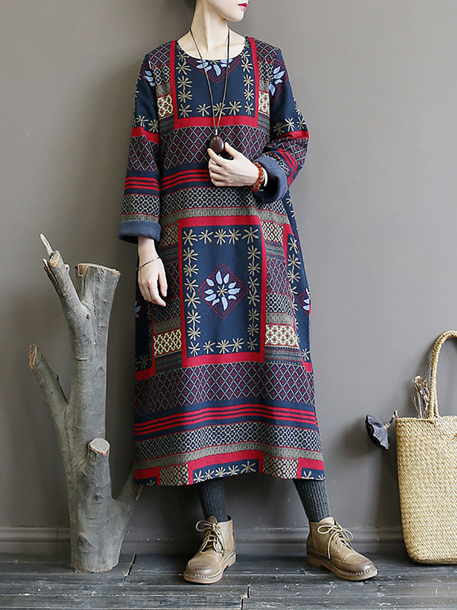 Women Winter Vintage Ethnic Pocket Print Loose Dress
