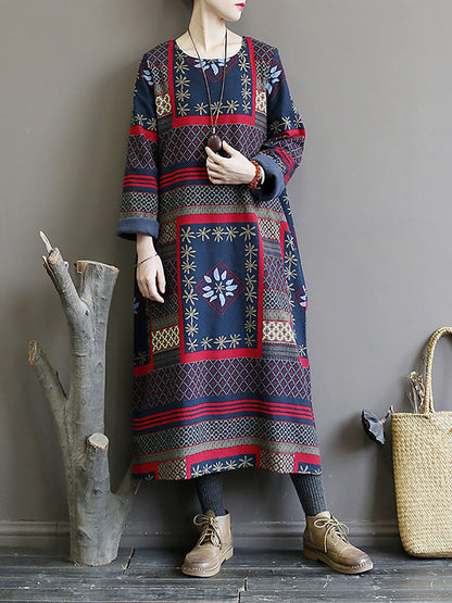 Women Winter Vintage Ethnic Pocket Print Loose Dress
