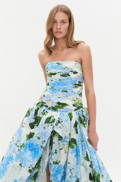 Strapless Hydrangea Floral Print High-Slit Maxi Gown