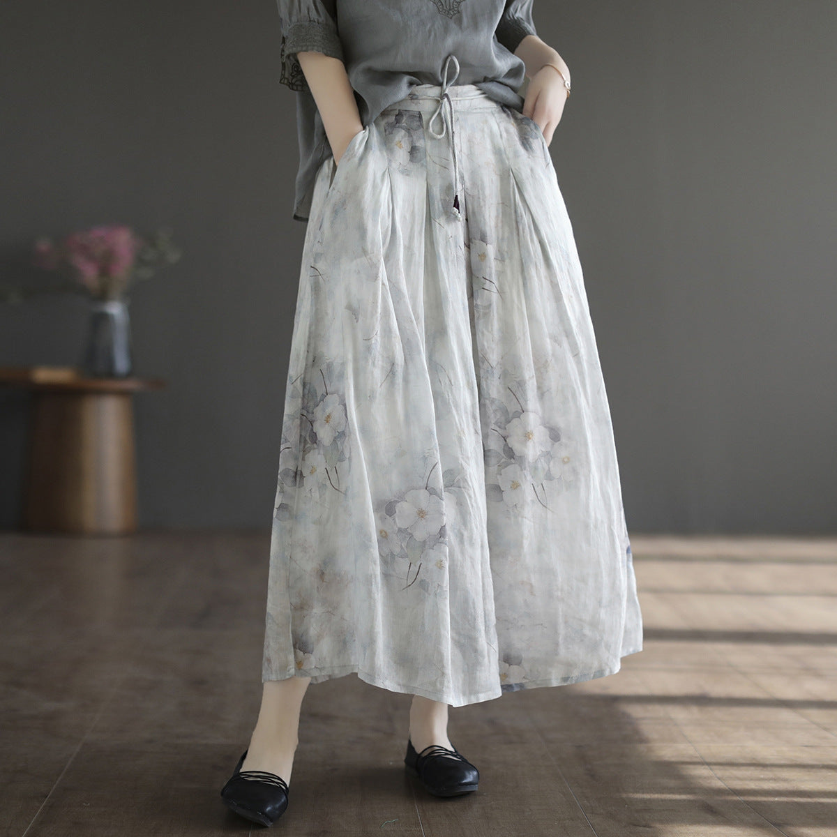 Cozy Retro Linen Floral A-Line Patchwork Skirt