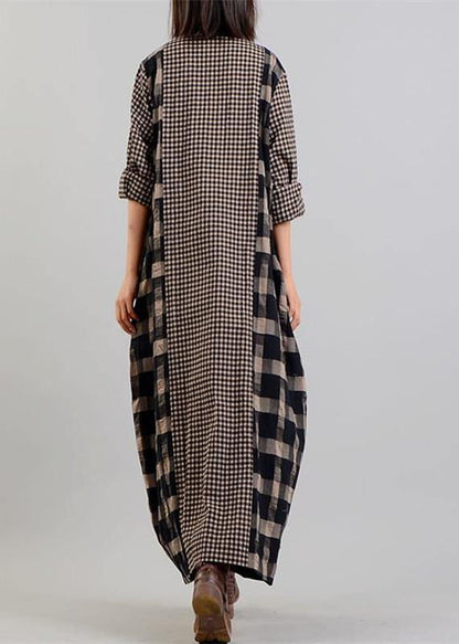 2019 black Plaid autumn Loose fitting v neck patchwork traveling clothing vintage Chinese Button dresses