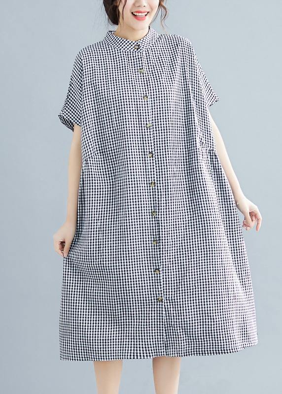 Plus Size Black White Plaid Cotton Pockets Summer Dress