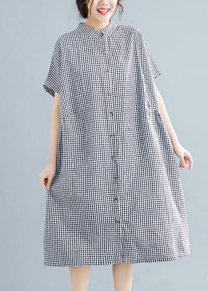 Plus Size Black White Plaid Cotton Pockets Summer Dress
