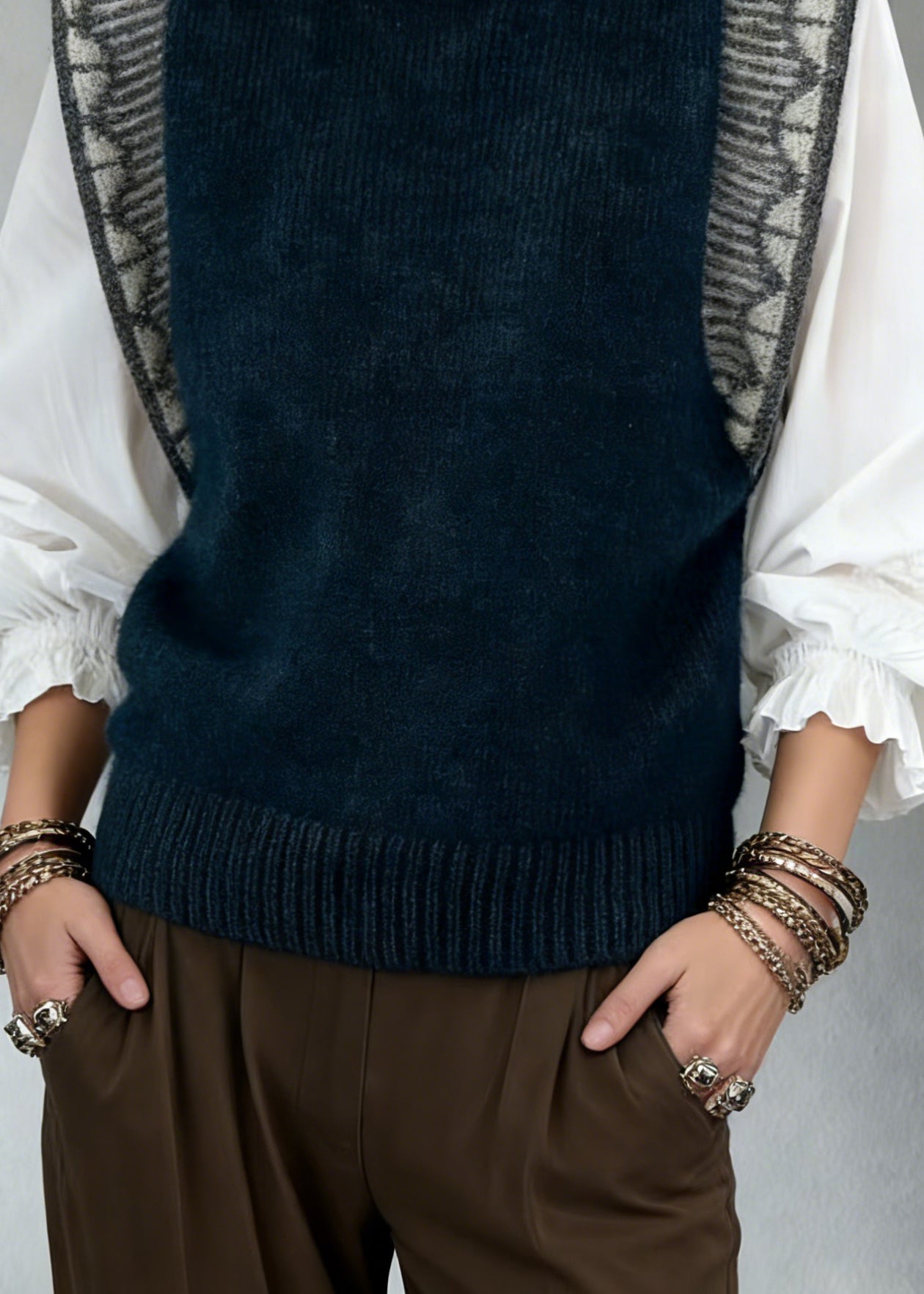 Jacquard Navy Cozy Patchwork Knit Vest Sleeveless