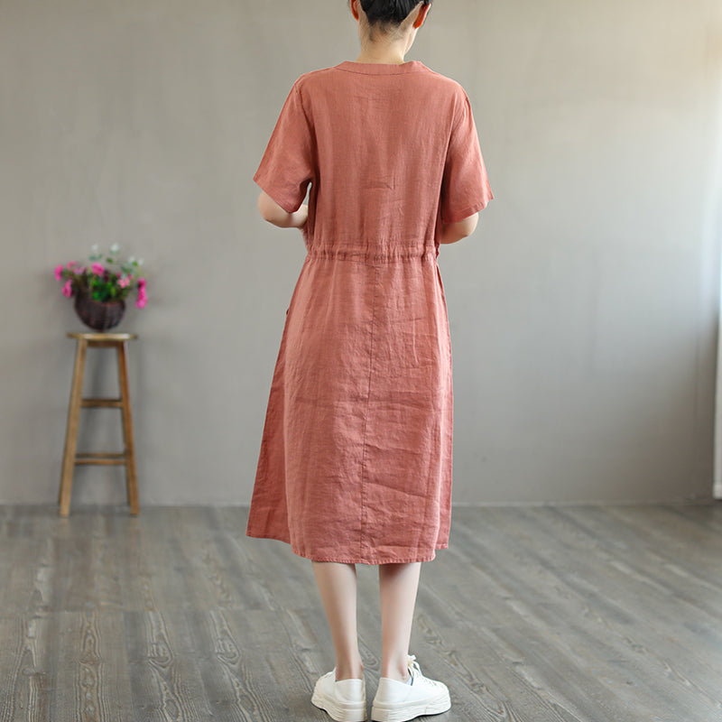 Summer Linen Short Sleeve Loose V-Neck Lacing Dress
