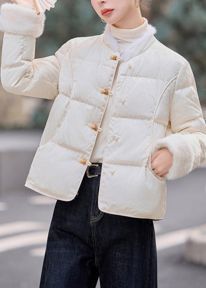 Vintage White Chinese Button Patchwork Mink Hair Duck Down Winter Coats