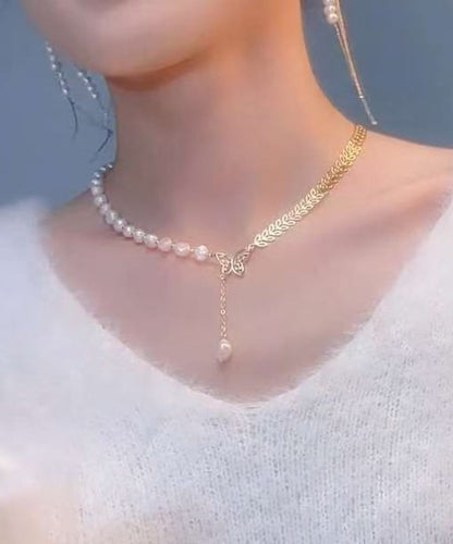 Elegant Gold Alloy Zircon Pearl Butterfly Ear Of Wheat Pendant Necklace