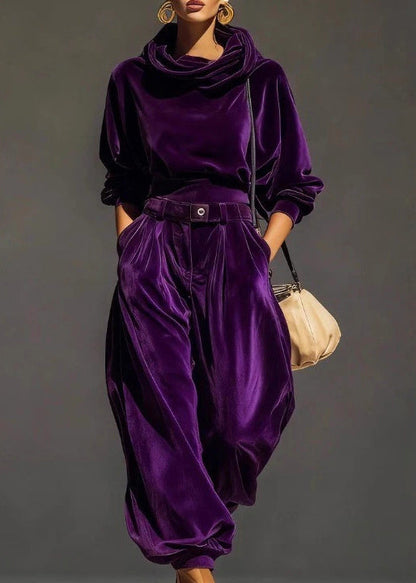 Women Coffee Hooded Pockets Sweatshirt And Pants Silk Velvet Two Pieces Set Spring