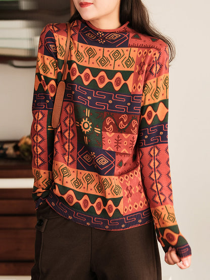 Half-High Collar Cotton Colorblock Women Autumn Casual Sweater