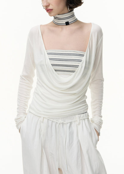 White Striped Solid Slim Fit Cotton Two Pieces Set V Neck