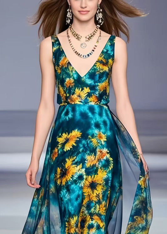 Women Peacock Blue Chrysanthemum Print Chiffon Dress Summer