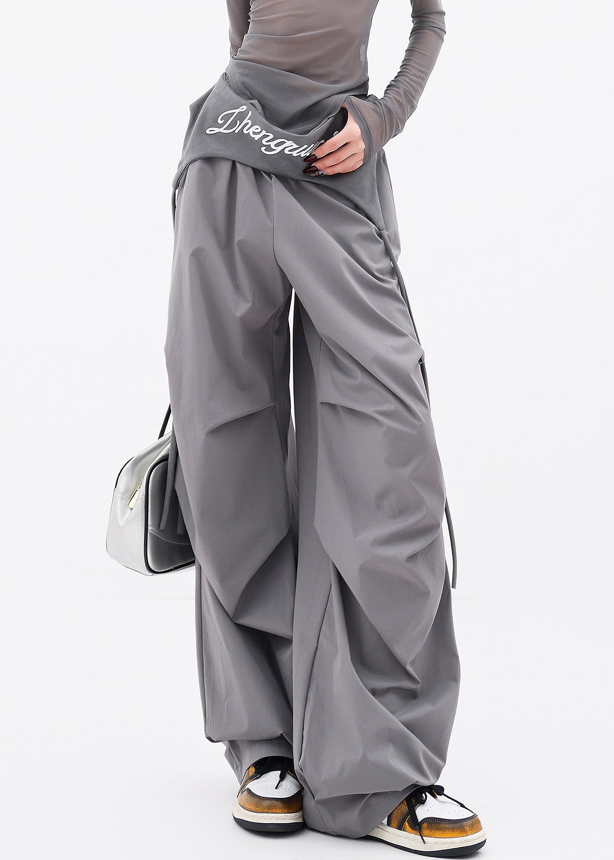 Chic Grey Pockets Wrinkled Cotton Wide Leg Pants Fall
