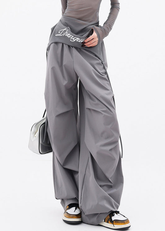 Chic Grey Pockets Wrinkled Cotton Wide Leg Pants Fall