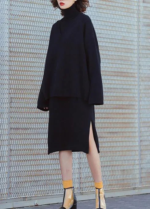 Set female 2024 large size turtleneck sweater suit skirt black two-piece long paragraph over the knee
