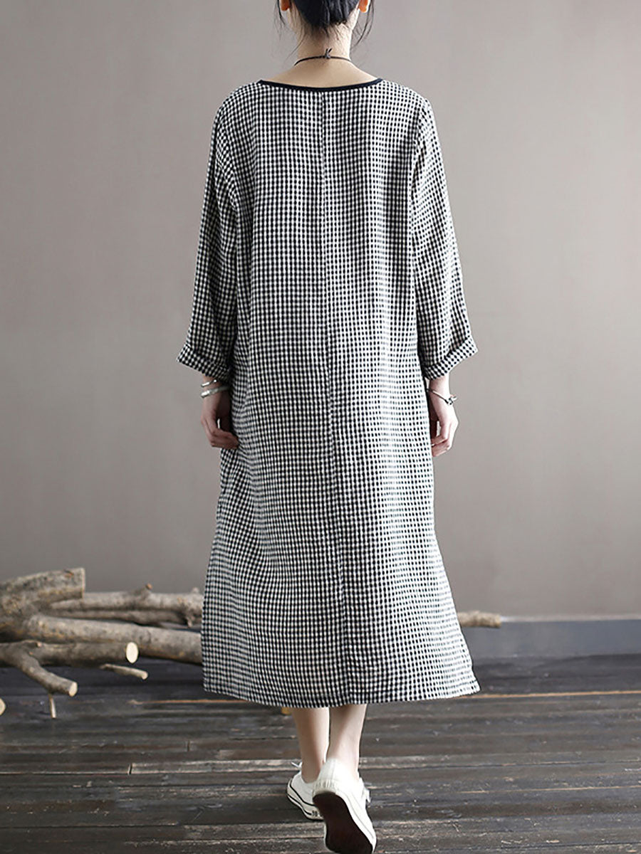 Women Spring National Vintage Plaid Split Hem Dress