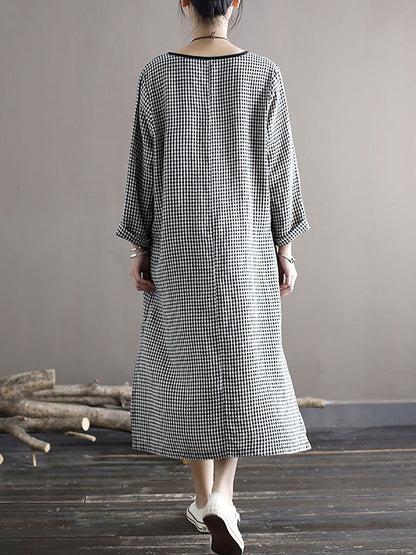 Women Spring National Vintage Plaid Split Hem Dress