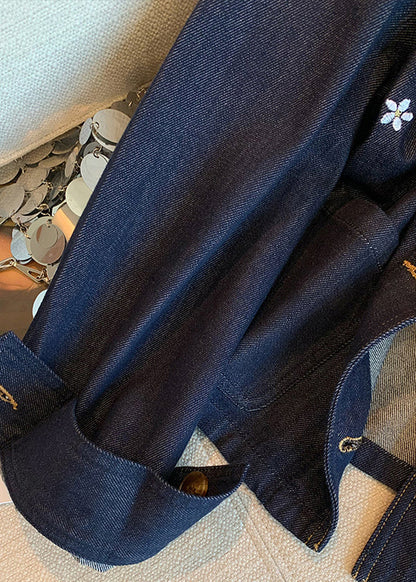 Casual Navy Peter Pan Collar Embroidered Denim Coat Fall