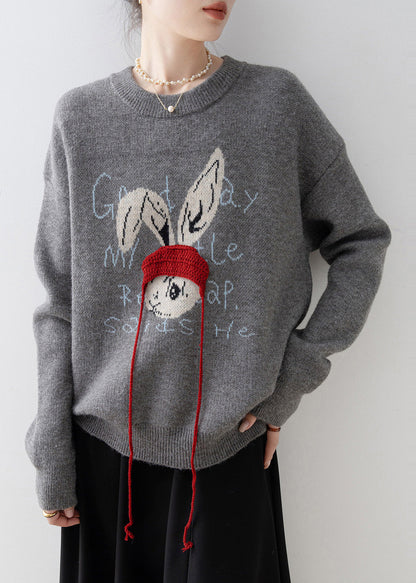Plus Size Grey Oversized Rabbit Jacquard Knit Pullover Winter