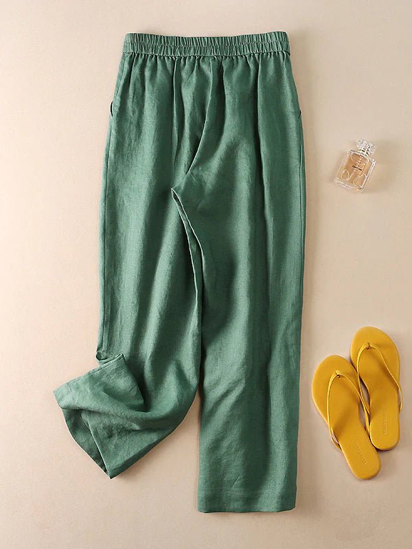 High Waist Solid Color Wide Leg Ninth Linen Pants