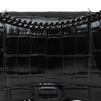 Shiny Calfskin Monochrome Crocodile Embossed Hourglass Chain Bag Black