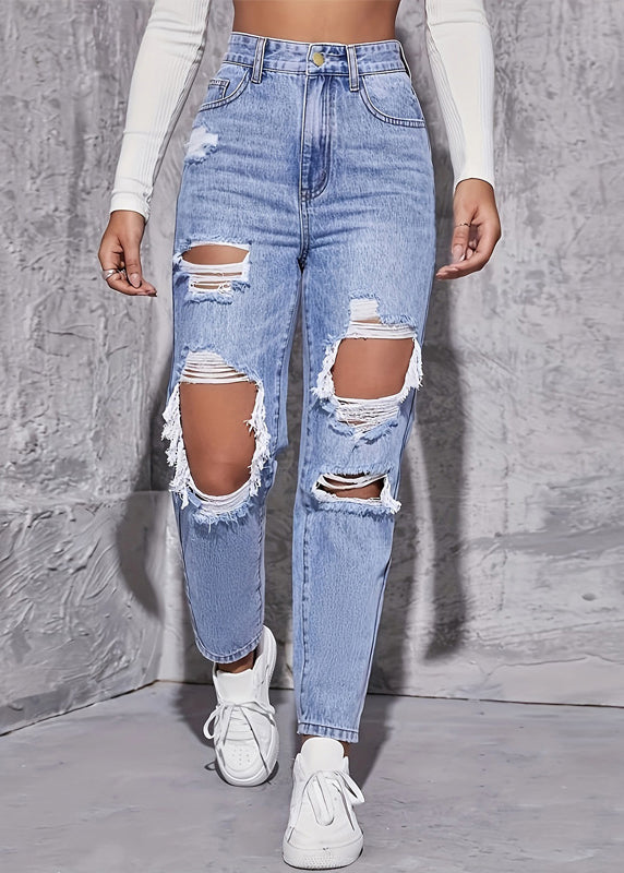 Chic Blue Hole Pockets High Waist Denim Crop Pants Summer