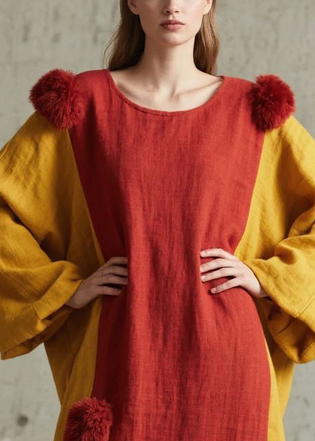 Colorblock Patchwork Cotton Dress Oversized Fuzzy Ball Decorated Lantern Sleeve