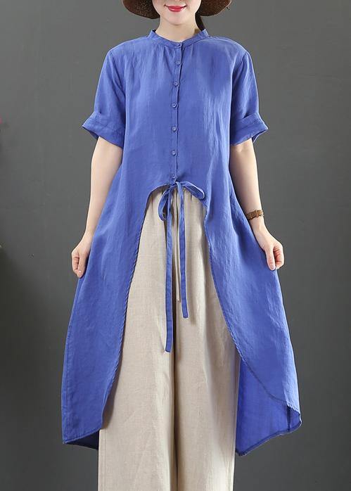 Women blue linen clothes stand collar asymmetric Knee blouses