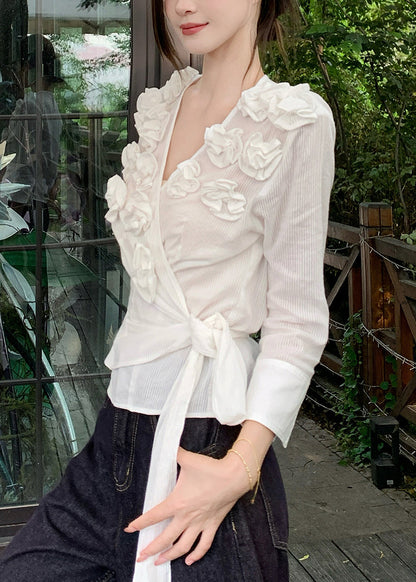 Slim Fit White V Neck Floral lace Up Cotton T Shirt Fall